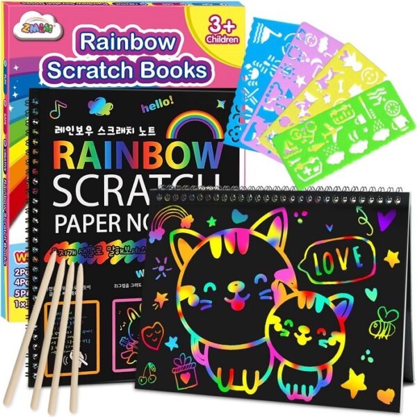 ZMLM Scratch Paper Art-Crafts Gift: 2 Pack Rainbow Notebooks Supplies Toys for Kids