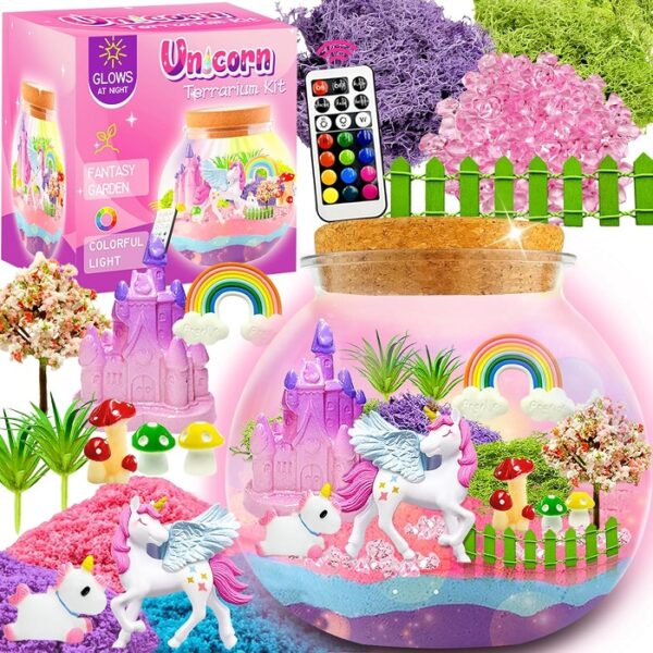 Unicorn Terrarium Kit for Kids, Unicorn Toys for Girls Age 4-6 with 16 Modes LED Remote Night Light.