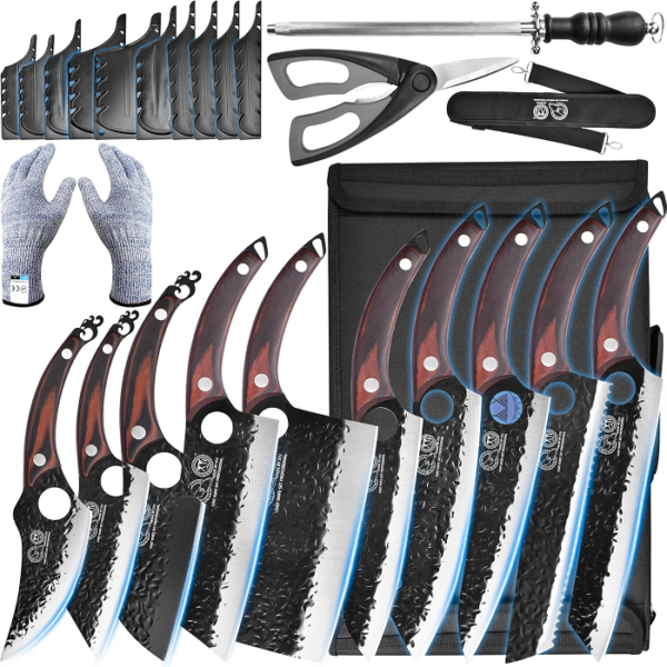 XYJ Professional Kitchen Knife Set with High-Carbon Steel Forged Blades, Chef's Knife, Cleaver, Carving Knife