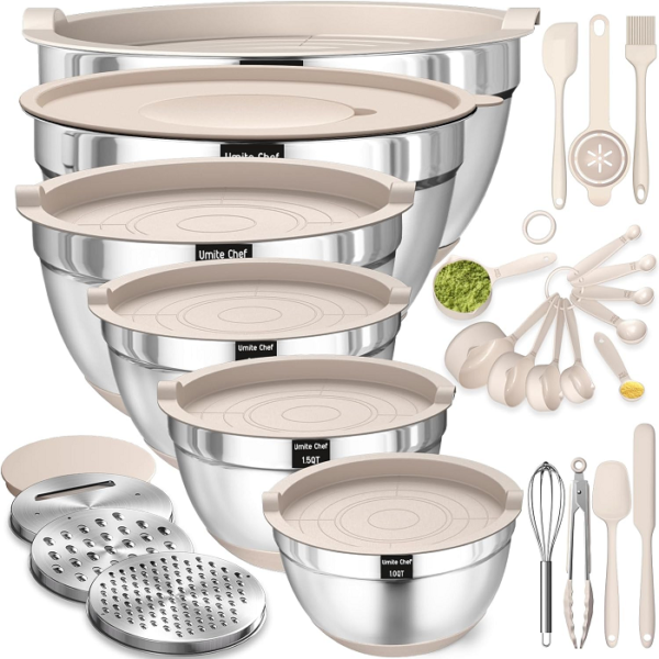 Mixing Bowls with Airtight Lids Set, 26PCS Stainless Steel Khaki Bowls with Grater Attachments Kitchen Gadgets