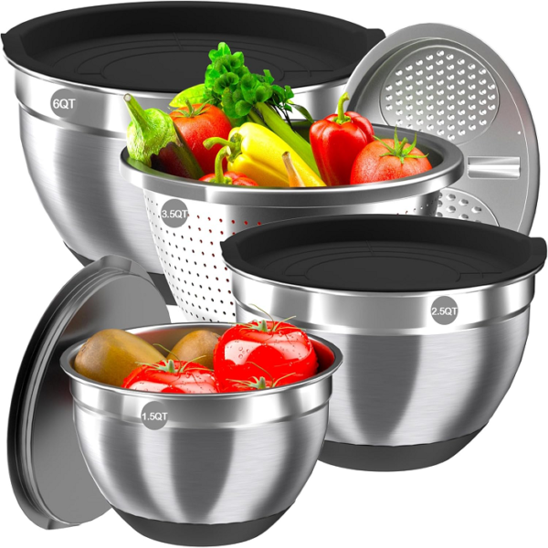 Mixing Bowls with Airtight Lids, Stainless Steel Mixing Bowl Set with 3 Metal Nesting Bowls, Colander & Grater